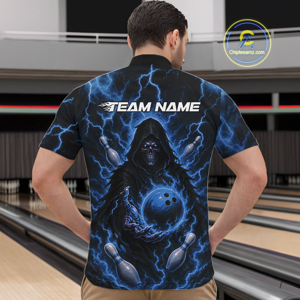 Custom Blue Lightning Grim Reaper Bowling Men Quarter Zip Shirt, Halloween Bowler Outfit IPHW11885