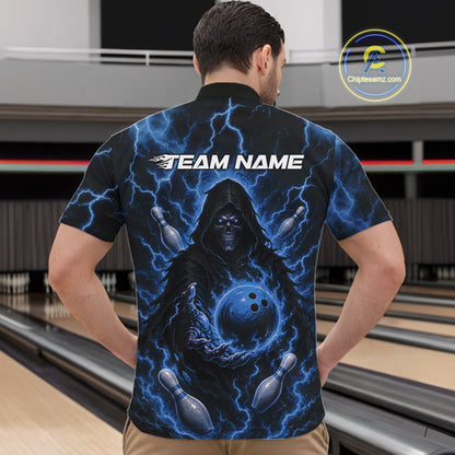 Custom Blue Lightning Grim Reaper Bowling Men Quarter Zip Shirt, Halloween Bowler Outfit IPHW11885