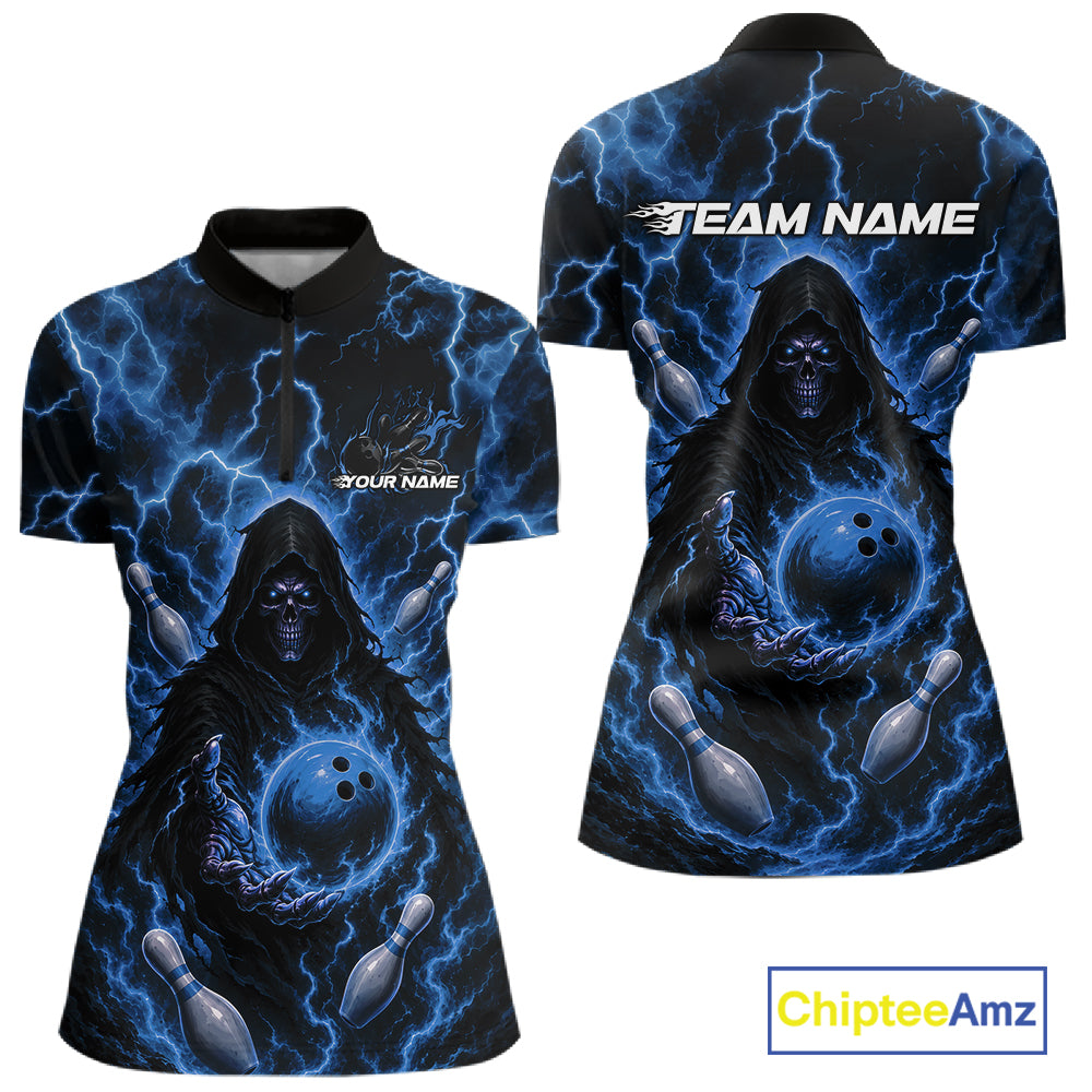 Custom Blue Lightning Grim Reaper Bowling Women Quarter-Zip Shirt, Halloween Outfit IPHW11885