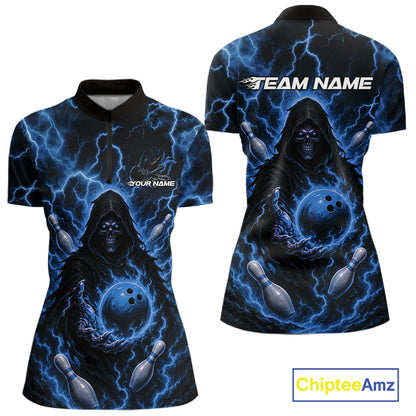 Custom Blue Lightning Grim Reaper Bowling Women Quarter-Zip Shirt, Halloween Outfit IPHW11885