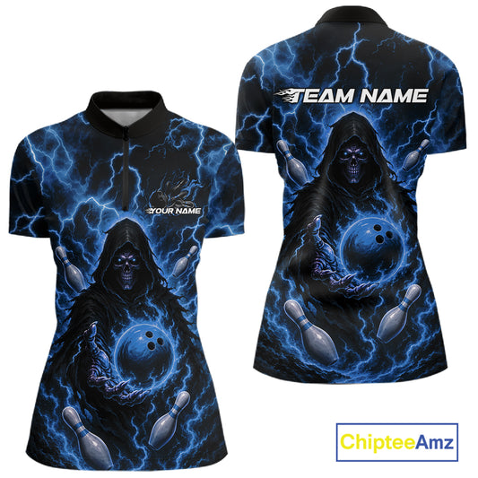 Custom Blue Lightning Grim Reaper Bowling Women Quarter-Zip Shirt, Halloween Outfit IPHW11885