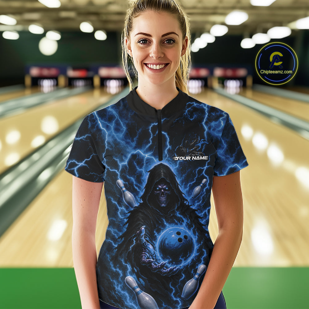 Custom Blue Lightning Grim Reaper Bowling Women Quarter-Zip Shirt, Halloween Outfit IPHW11885