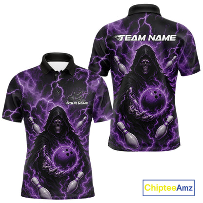 Custom Purple Lightning Grim Reaper Bowling Men Polo Shirt, Halloween Bowler Outfit IPHW11886