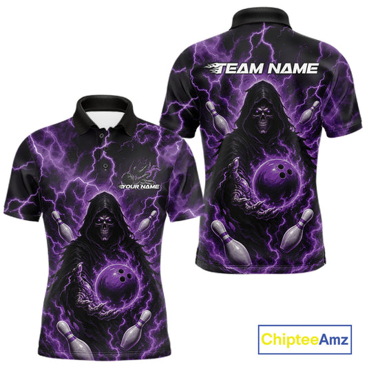 Custom Purple Lightning Grim Reaper Bowling Men Polo Shirt, Halloween Bowler Outfit IPHW11886