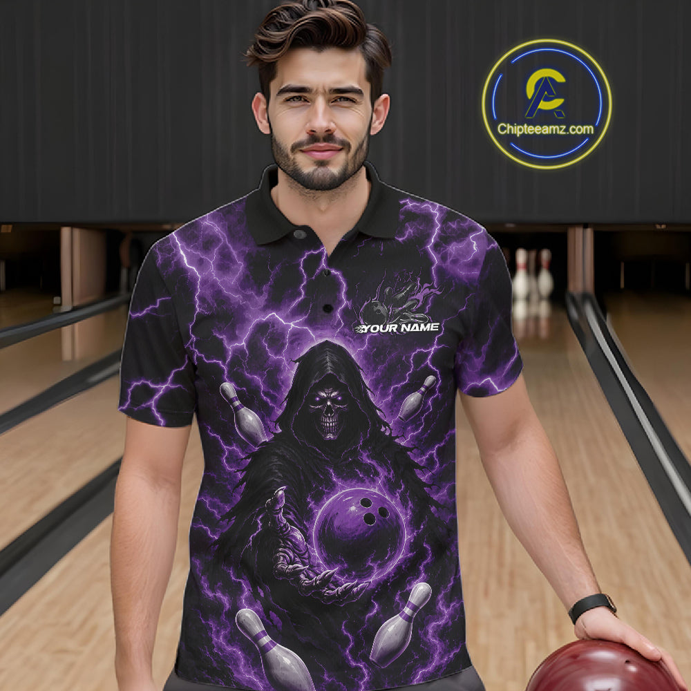 Custom Purple Lightning Grim Reaper Bowling Men Polo Shirt, Halloween Bowler Outfit IPHW11886