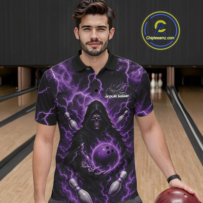 Custom Purple Lightning Grim Reaper Bowling Men Polo Shirt, Halloween Bowler Outfit IPHW11886