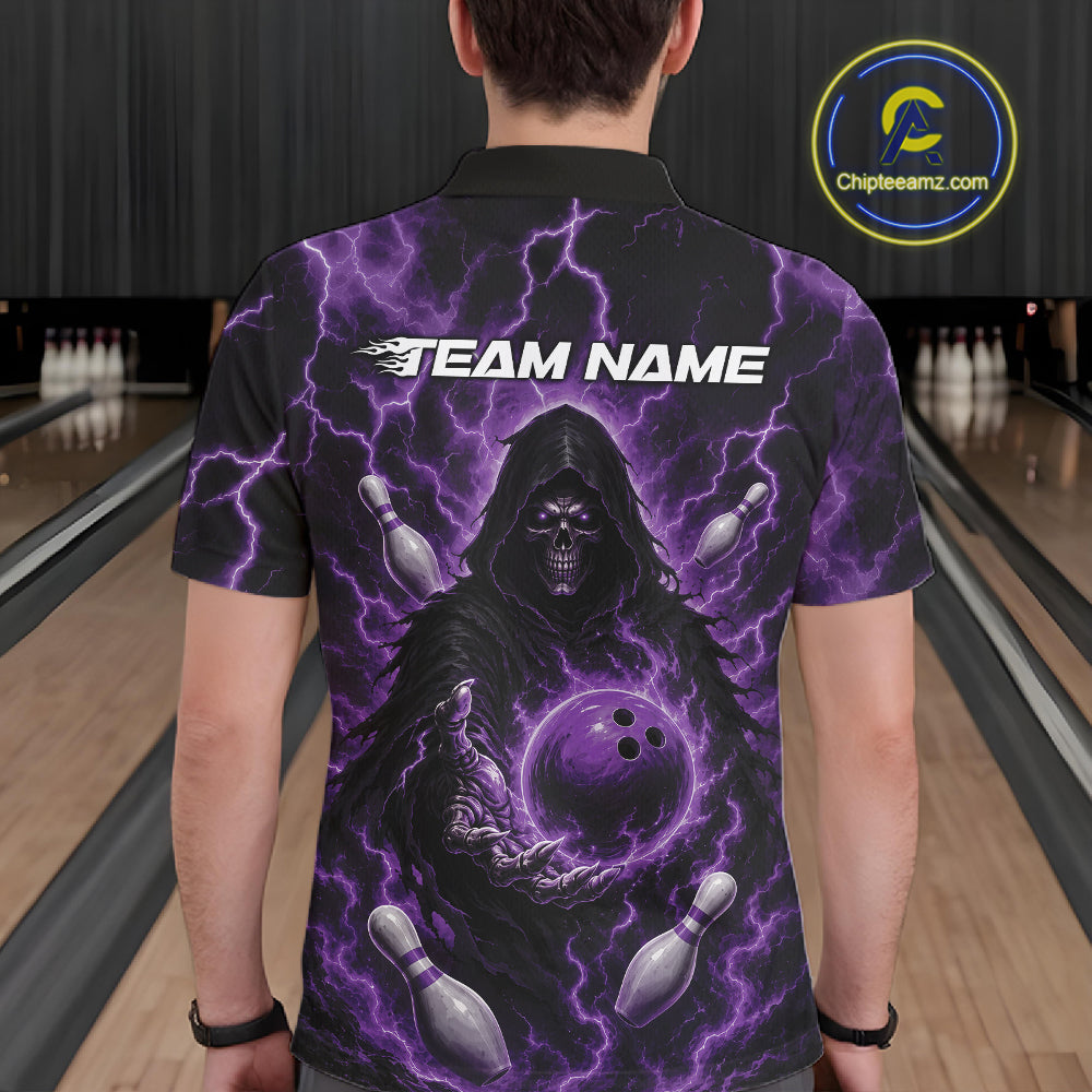 Custom Purple Lightning Grim Reaper Bowling Men Polo Shirt, Halloween Bowler Outfit IPHW11886