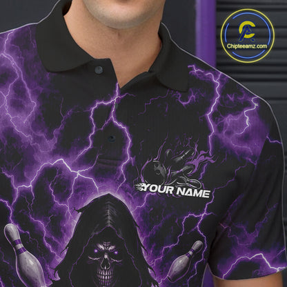 Custom Purple Lightning Grim Reaper Bowling Men Polo Shirt, Halloween Bowler Outfit IPHW11886
