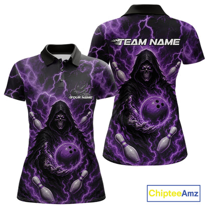 Custom Purple Lightning Grim Reaper Bowling Women Polo Shirt, Halloween Bowler Outfit IPHW11886