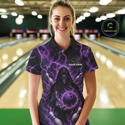 Custom Purple Lightning Grim Reaper Bowling Women Polo Shirt, Halloween Bowler Outfit IPHW11886