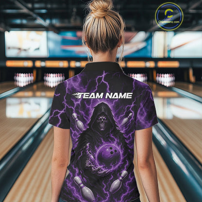 Custom Purple Lightning Grim Reaper Bowling Women Polo Shirt, Halloween Bowler Outfit IPHW11886