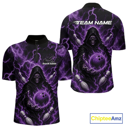 Custom Purple Lightning Grim Reaper Bowling Men Quarter Zip Shirt, Halloween Bowler Outfit IPHW11886