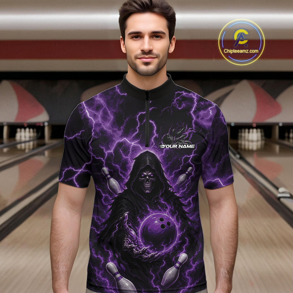 Custom Purple Lightning Grim Reaper Bowling Men Quarter Zip Shirt, Halloween Bowler Outfit IPHW11886