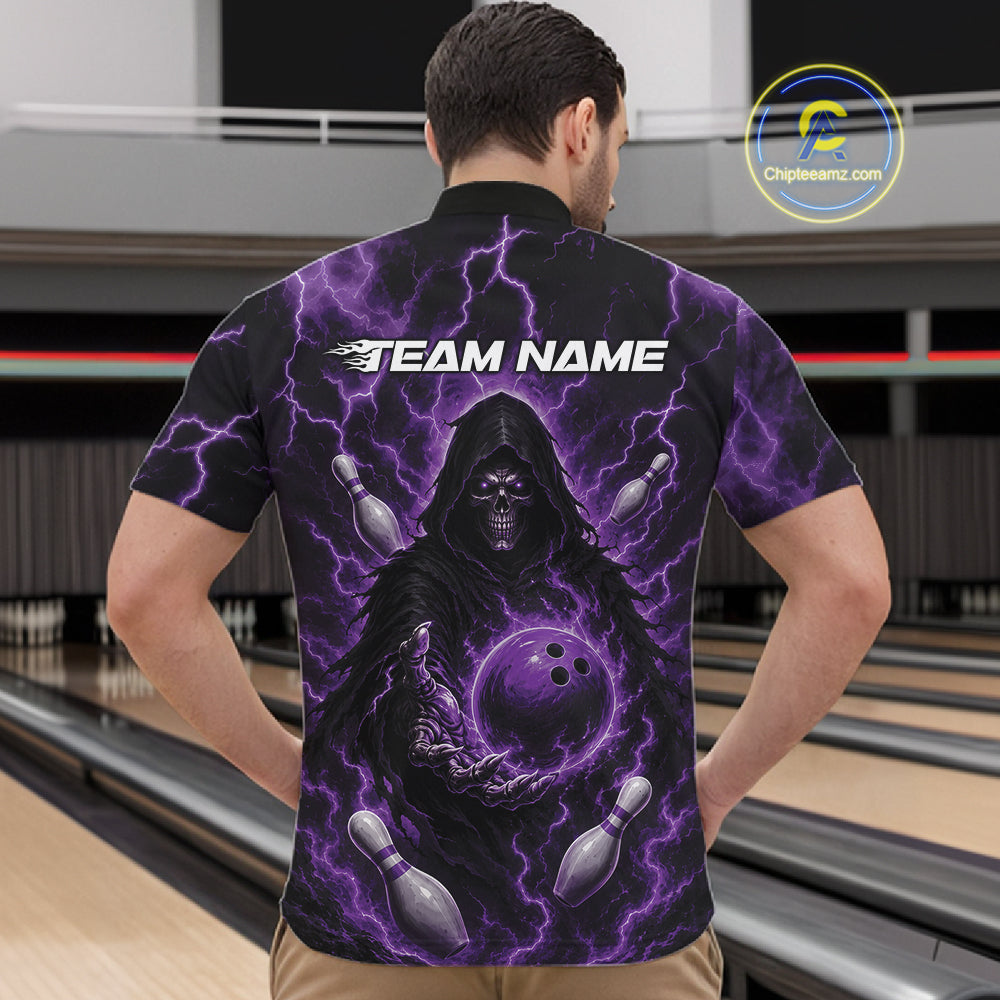 Custom Purple Lightning Grim Reaper Bowling Men Quarter Zip Shirt, Halloween Bowler Outfit IPHW11886