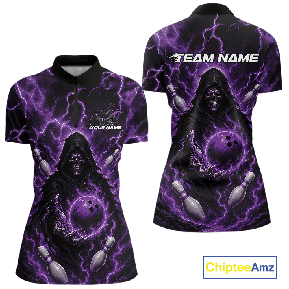 Custom Purple Lightning Grim Reaper Bowling Women Quarter-Zip Shirt, Halloween Outfit IPHW11886