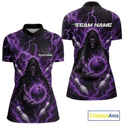 Custom Purple Lightning Grim Reaper Bowling Women Quarter-Zip Shirt, Halloween Outfit IPHW11886