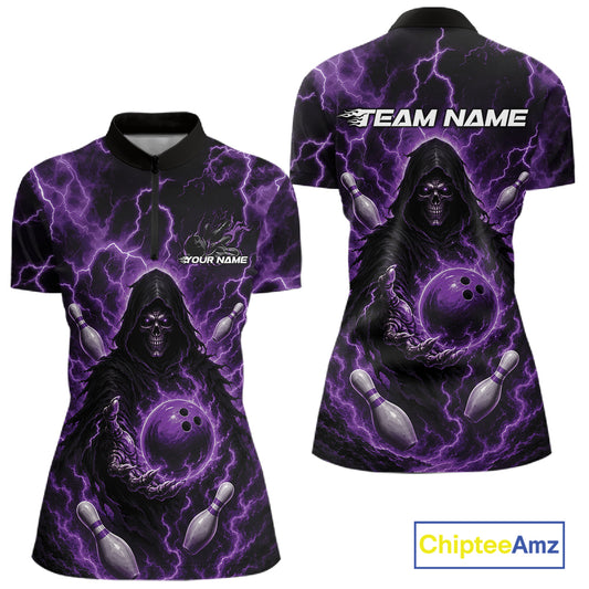 Custom Purple Lightning Grim Reaper Bowling Women Quarter-Zip Shirt, Halloween Outfit IPHW11886