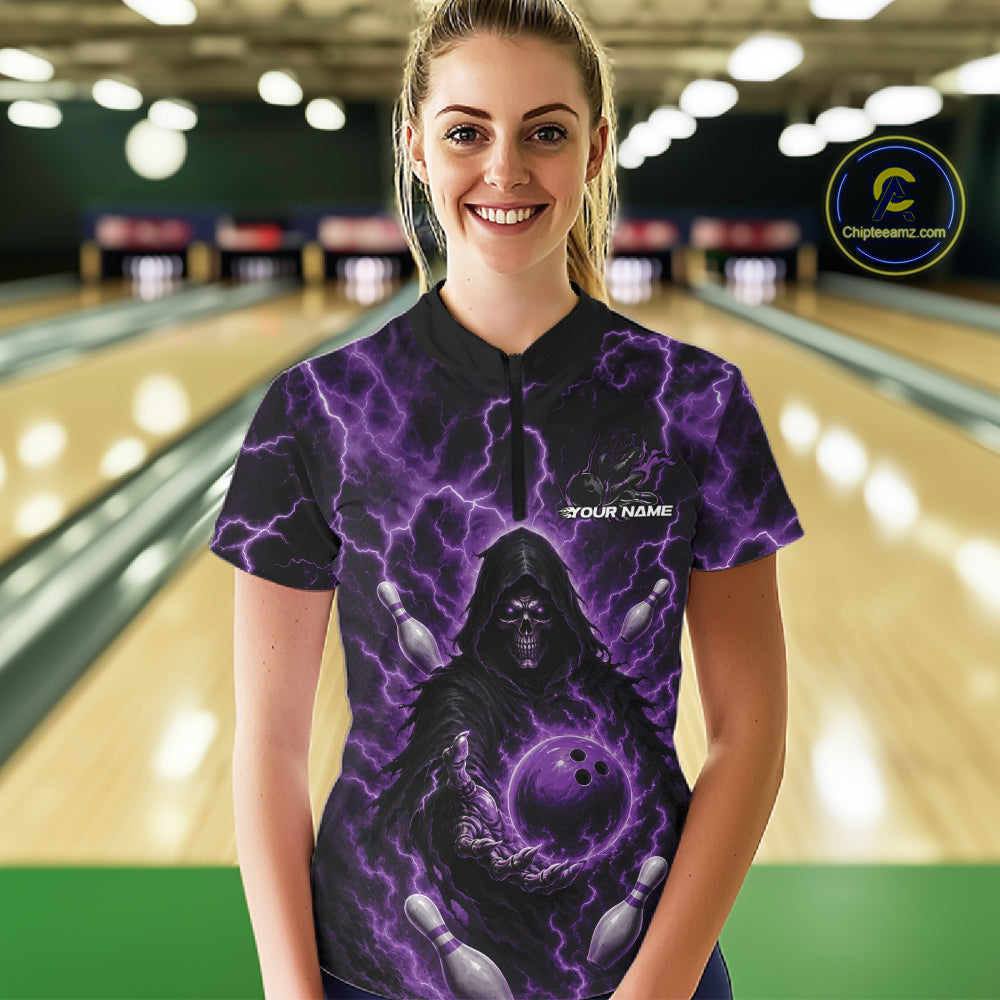 Custom Purple Lightning Grim Reaper Bowling Women Quarter-Zip Shirt, Halloween Outfit IPHW11886