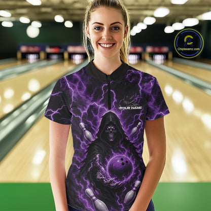 Custom Purple Lightning Grim Reaper Bowling Women Quarter-Zip Shirt, Halloween Outfit IPHW11886