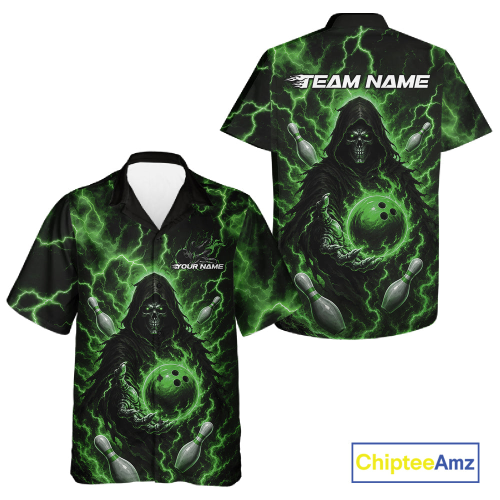 Custom Green Lightning Grim Reaper Bowling Men And Women Button Up Shirt, Halloween Bowler Outfit IPHW11887