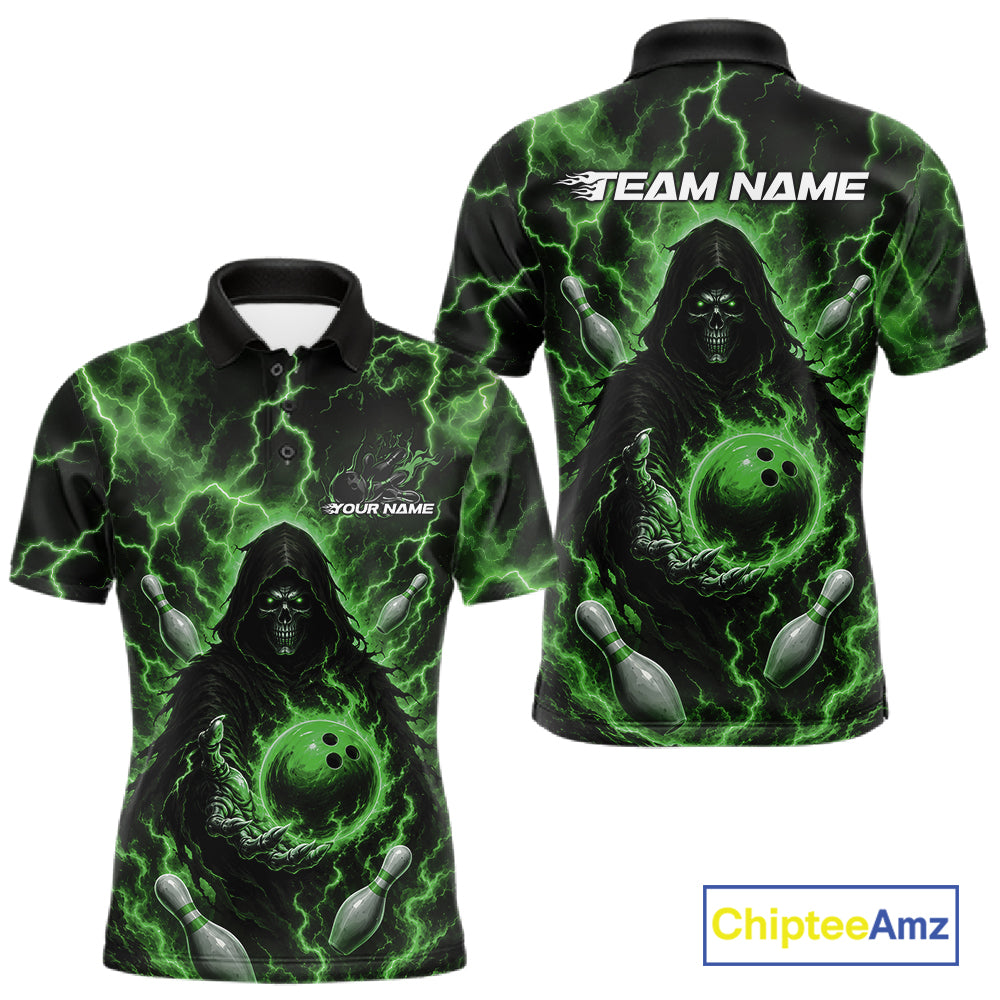 Custom Green Lightning Grim Reaper Bowling Men Polo Shirt, Halloween Bowler Outfit IPHW11887