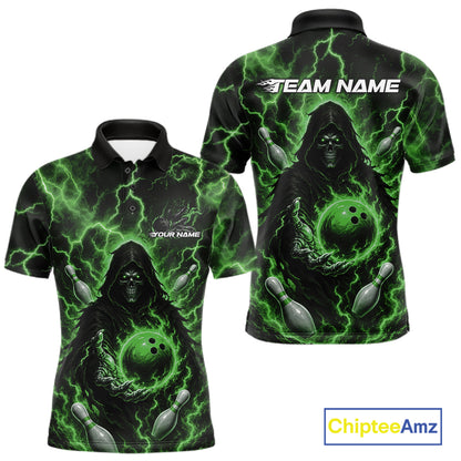 Custom Green Lightning Grim Reaper Bowling Men Polo Shirt, Halloween Bowler Outfit IPHW11887