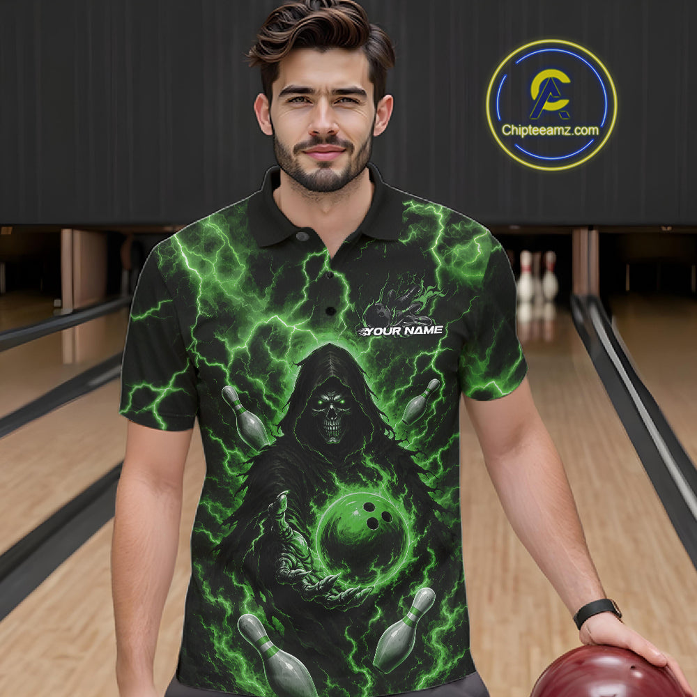 Custom Green Lightning Grim Reaper Bowling Men Polo Shirt, Halloween Bowler Outfit IPHW11887
