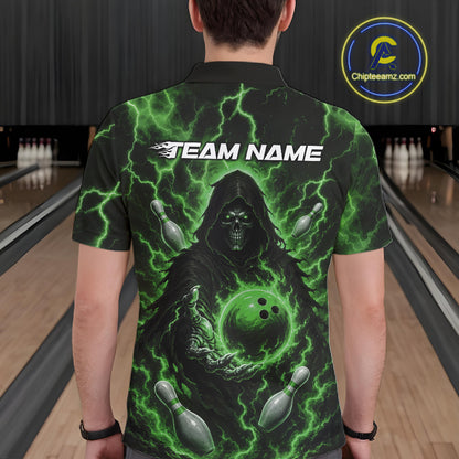 Custom Green Lightning Grim Reaper Bowling Men Polo Shirt, Halloween Bowler Outfit IPHW11887