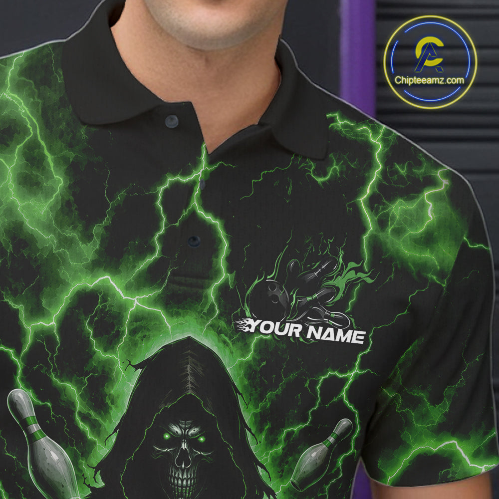 Custom Green Lightning Grim Reaper Bowling Men Polo Shirt, Halloween Bowler Outfit IPHW11887