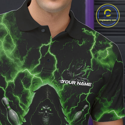 Custom Green Lightning Grim Reaper Bowling Men Polo Shirt, Halloween Bowler Outfit IPHW11887