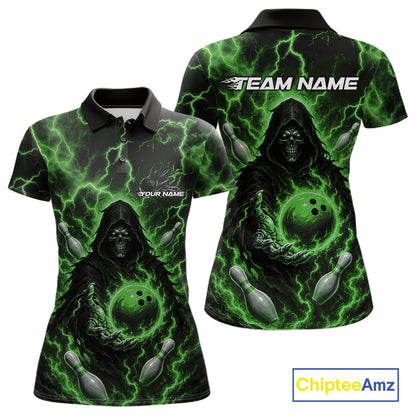 Custom Green Lightning Grim Reaper Bowling Women Polo Shirt, Halloween Bowler Outfit IPHW11887