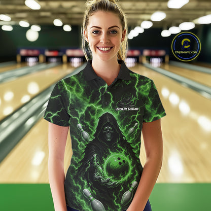 Custom Green Lightning Grim Reaper Bowling Women Polo Shirt, Halloween Bowler Outfit IPHW11887