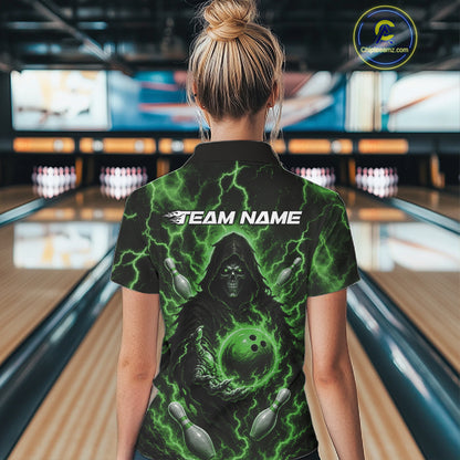 Custom Green Lightning Grim Reaper Bowling Women Polo Shirt, Halloween Bowler Outfit IPHW11887