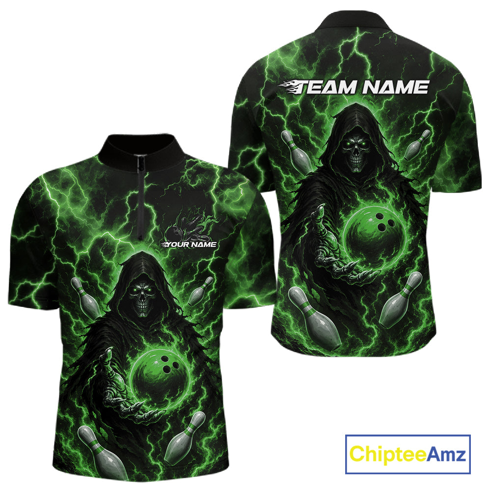 Custom Green Lightning Grim Reaper Bowling Men Quarter Zip Shirt, Halloween Bowler Outfit IPHW11887