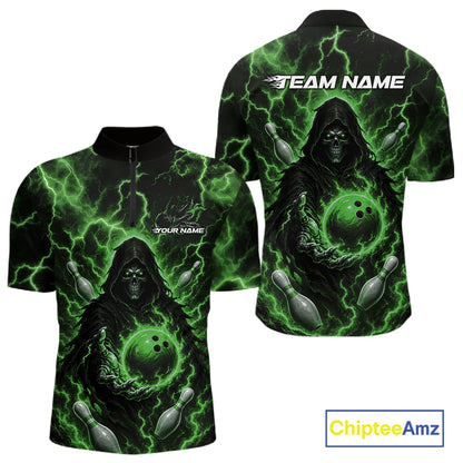 Custom Green Lightning Grim Reaper Bowling Men Quarter Zip Shirt, Halloween Bowler Outfit IPHW11887