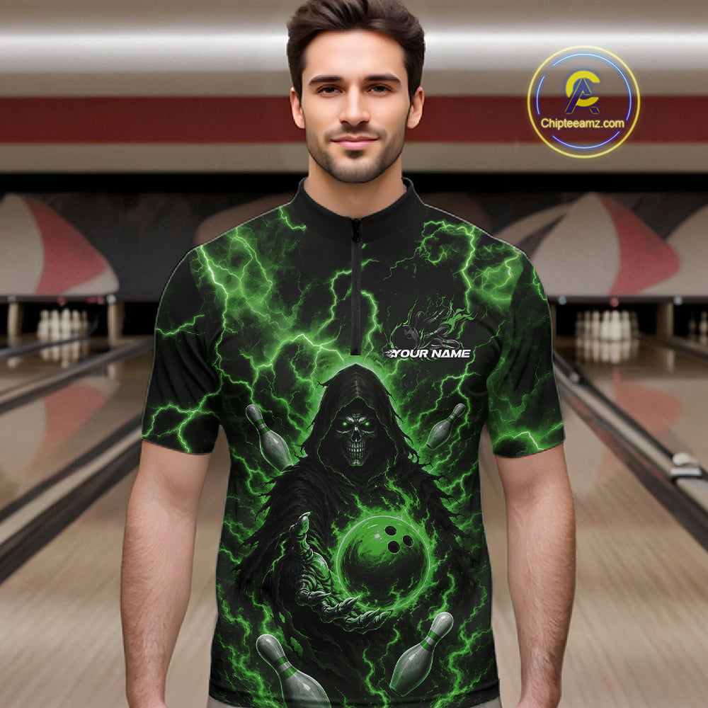 Custom Green Lightning Grim Reaper Bowling Men Quarter Zip Shirt, Halloween Bowler Outfit IPHW11887