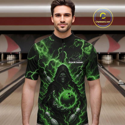 Custom Green Lightning Grim Reaper Bowling Men Quarter Zip Shirt, Halloween Bowler Outfit IPHW11887