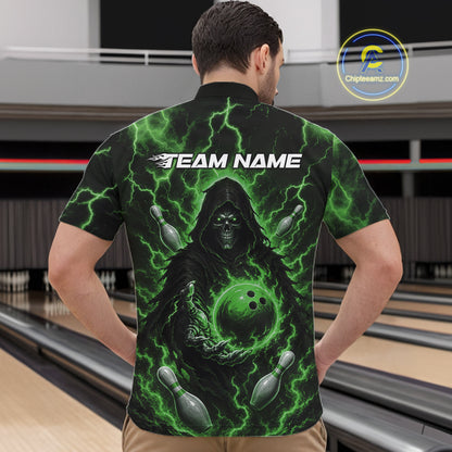 Custom Green Lightning Grim Reaper Bowling Men Quarter Zip Shirt, Halloween Bowler Outfit IPHW11887