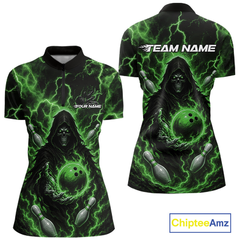 Custom Green Lightning Grim Reaper Bowling Women Quarter-Zip Shirt, Halloween Outfit IPHW11887