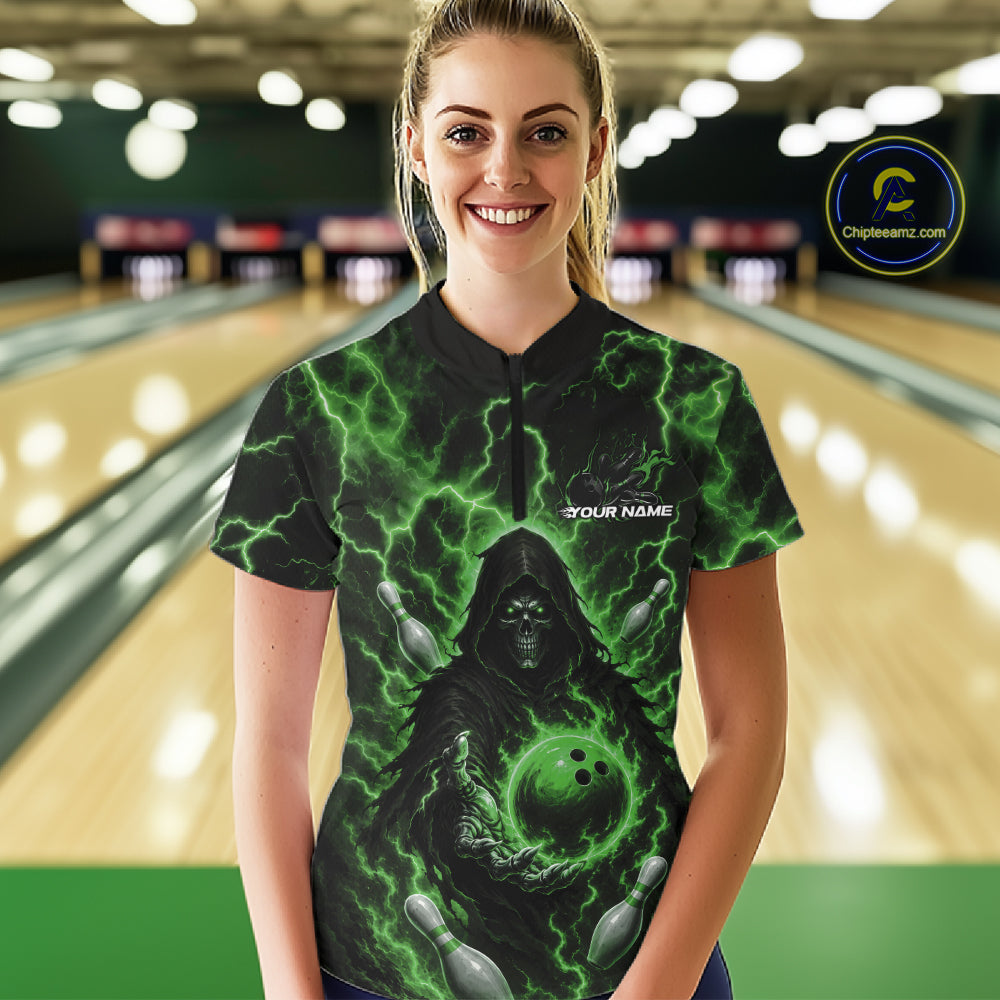 Custom Green Lightning Grim Reaper Bowling Women Quarter-Zip Shirt, Halloween Outfit IPHW11887