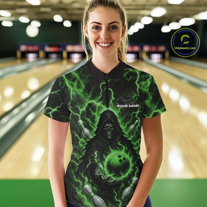 Custom Green Lightning Grim Reaper Bowling Women Quarter-Zip Shirt, Halloween Outfit IPHW11887