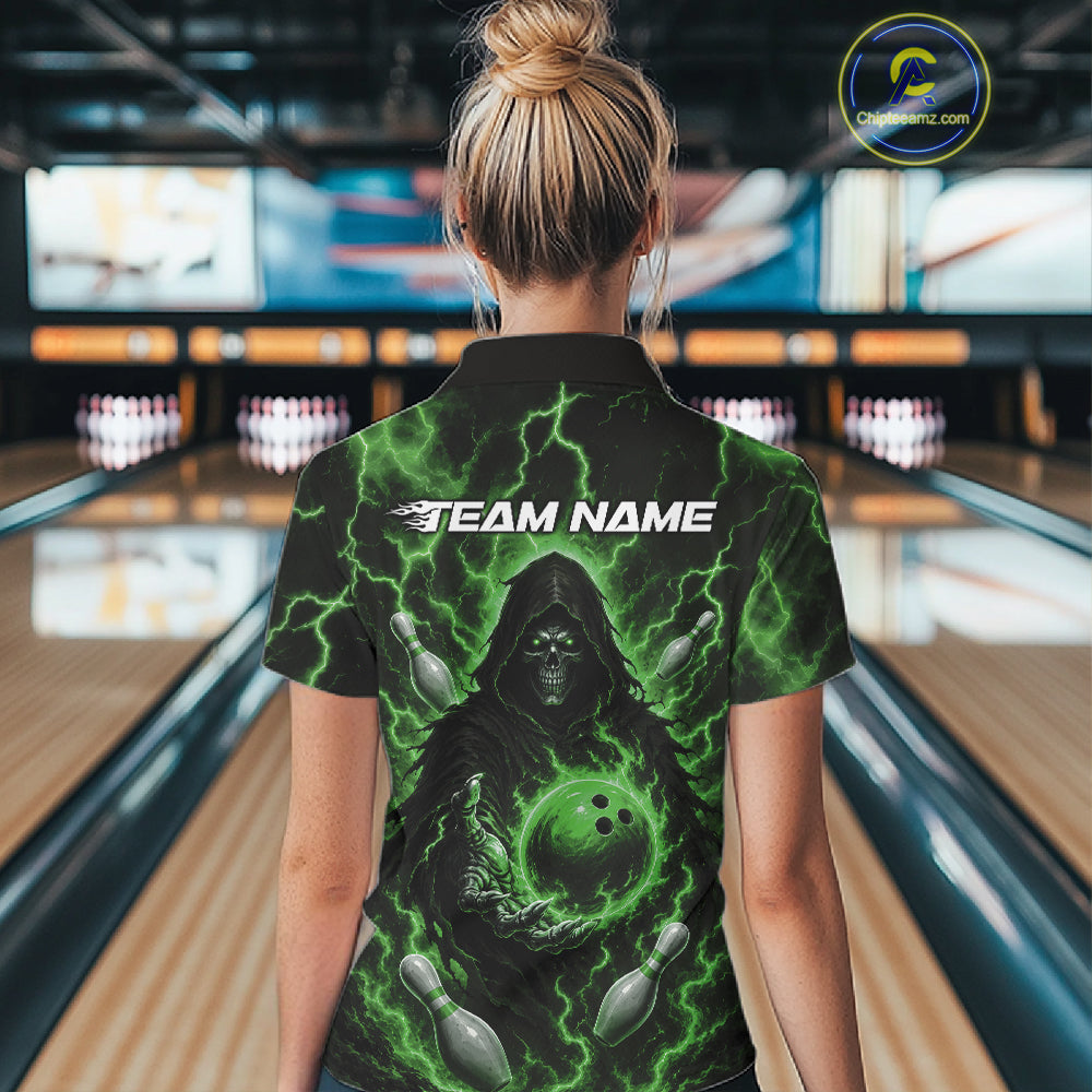 Custom Green Lightning Grim Reaper Bowling Women Quarter-Zip Shirt, Halloween Outfit IPHW11887