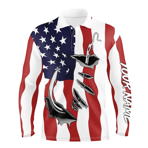 Custom Patriotic Fishing Shirts, Us Flag 3D Fish Hook Long Sleeve Polo Fishing Shirts IPH1900