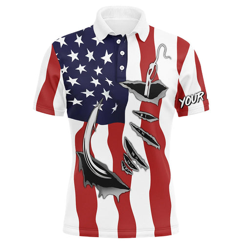 Custom Patriotic Fishing Shirts, Us Flag 3D Fish Hook Polo Fishing Shirts IPH1900
