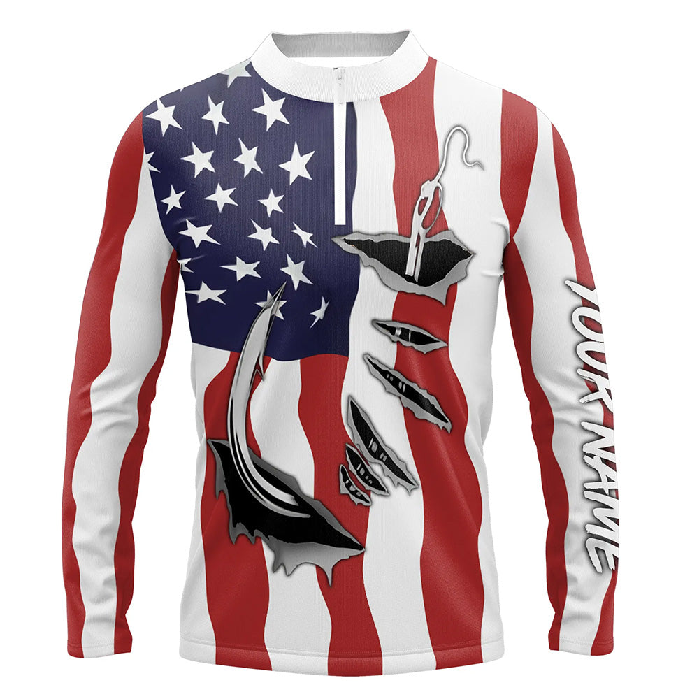 Custom Patriotic Fishing Shirts, Us Flag 3D Fish Hook Long Sleeve Quarter Zip Fishing Shirts IPH1900