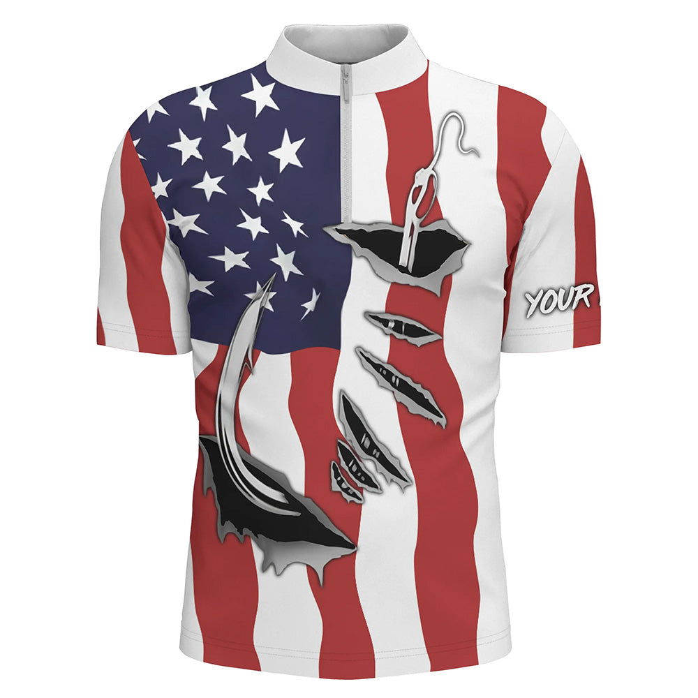 Custom Patriotic Fishing Shirts, Us Flag 3D Fish Hook Quarter Zip Fishing Shirts IPH1900