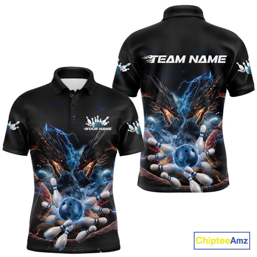 Custom Blue Lightning Flame Dragons Bowling Men Polo Shirt, Fire Dragon Bowling Jerseys IPHW9815