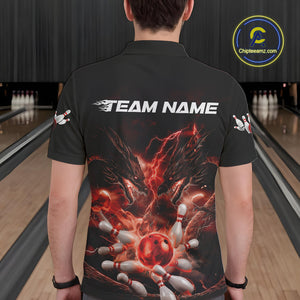Custom Red Lightning Flame Dragons Bowling Men Polo Shirt, Fire Dragon Bowling Jerseys IPHW9816