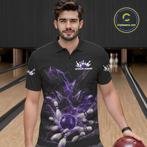 Custom Purple Lightning Flame Dragons Bowling Men Polo Shirt, Fire Dragon Bowling Jerseys IPHW9817