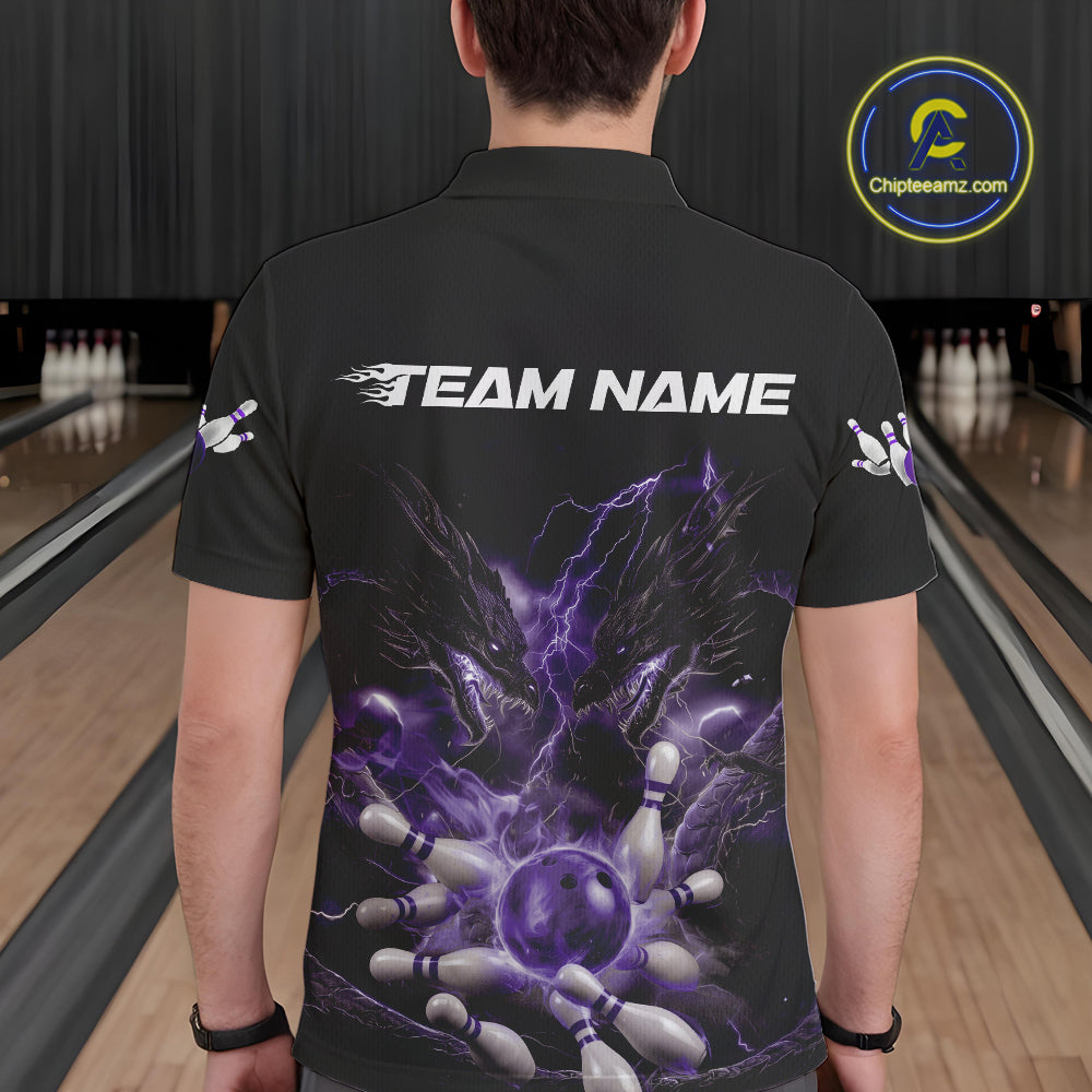 Custom Purple Lightning Flame Dragons Bowling Men Polo Shirt, Fire Dragon Bowling Jerseys IPHW9817